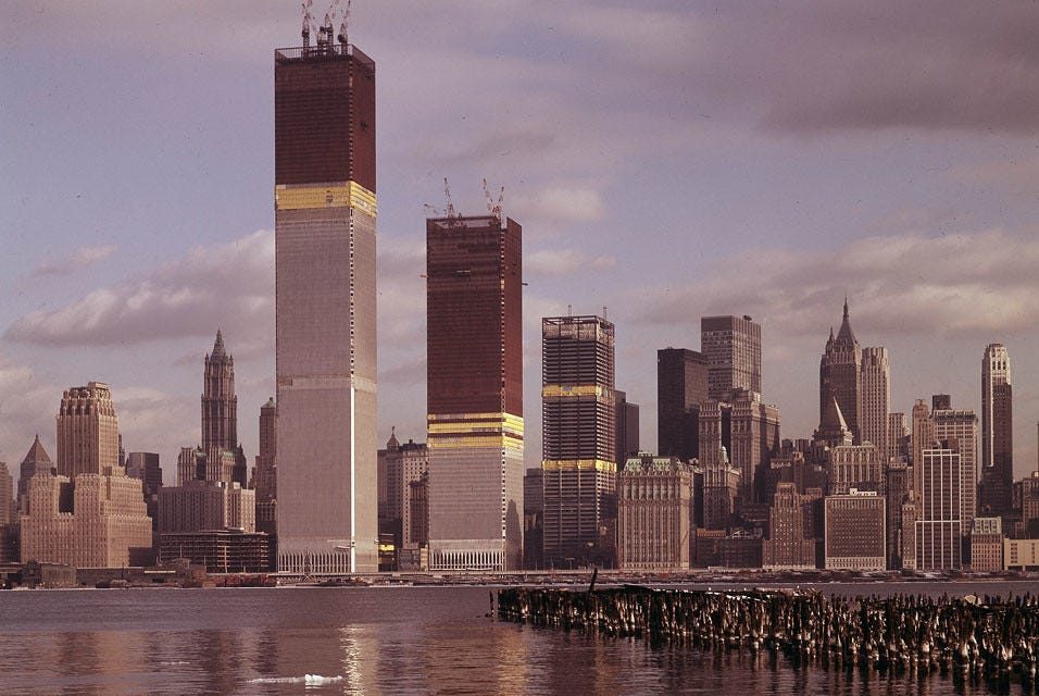 The original World Trade Center nearing completion, early 1970s