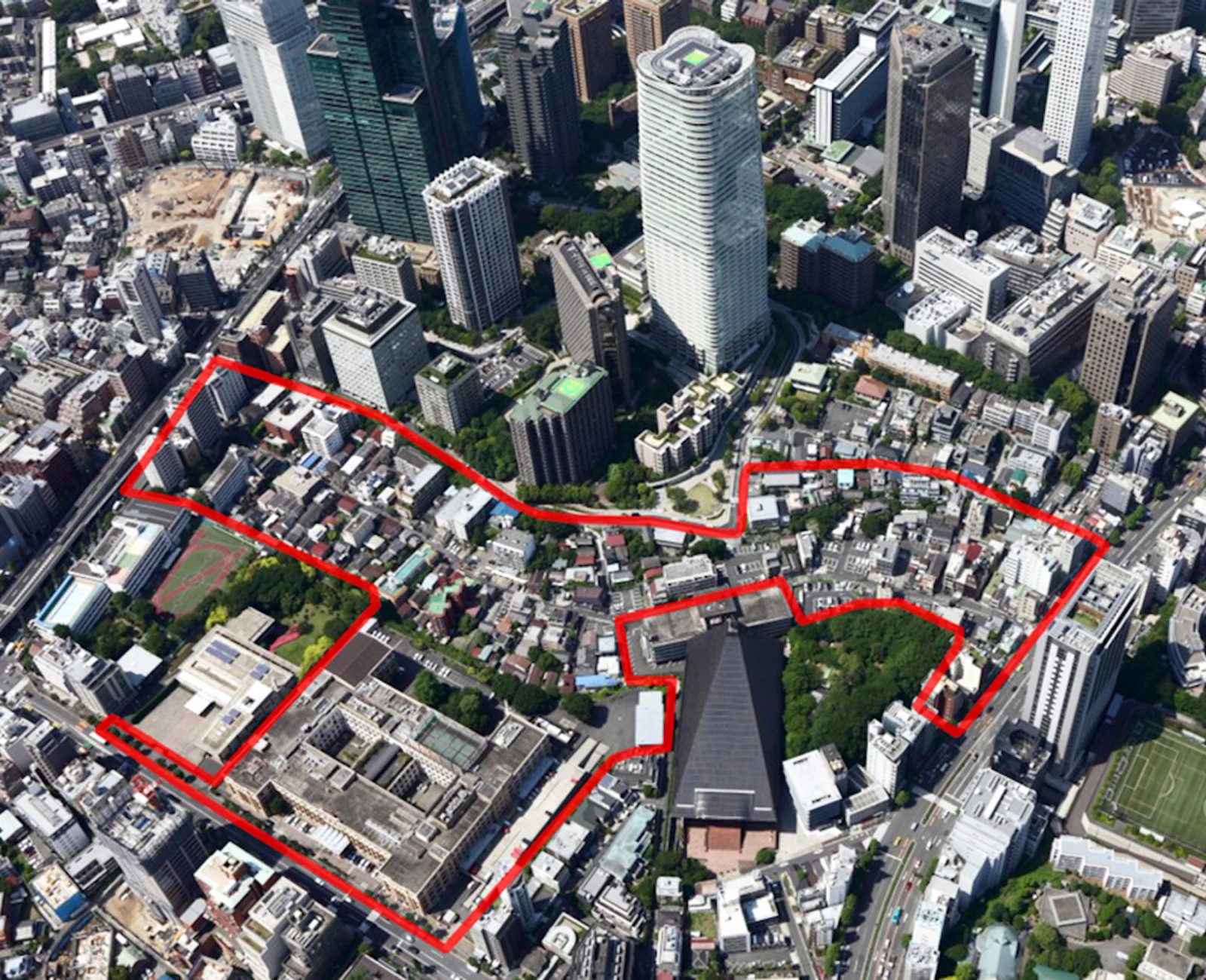 The future Azabudai Hills site before redevelopment, showing the original low-rise neighborhood